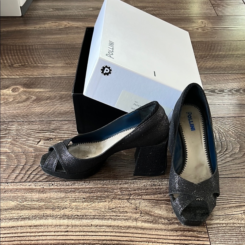 Pollini Women's Black Glitter Peep Toe Heels